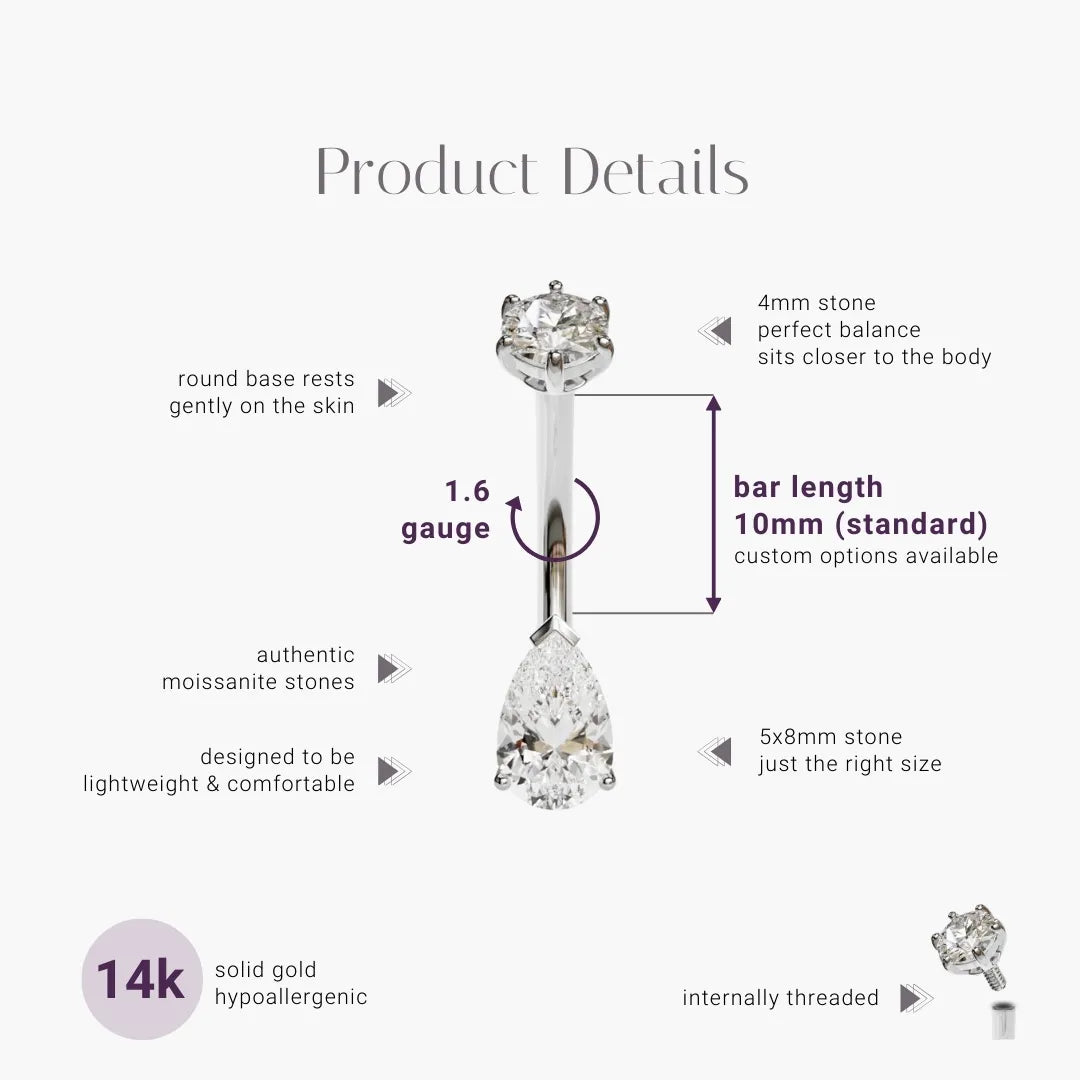 Teardrop 1.0 ct. Moissanite Belly Ring White Gold