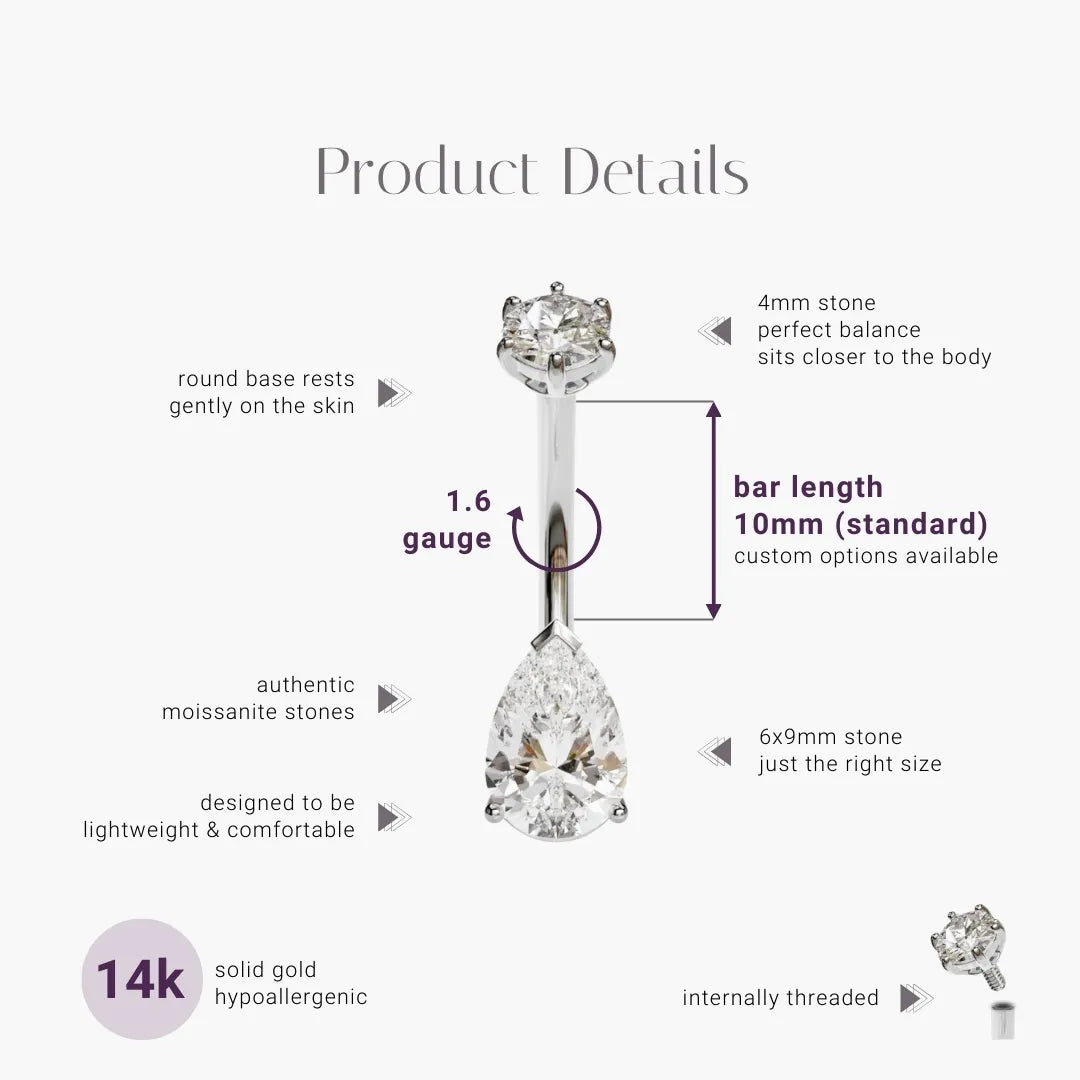 Teardrop 1.5 ct. Moissanite Belly Ring White Gold