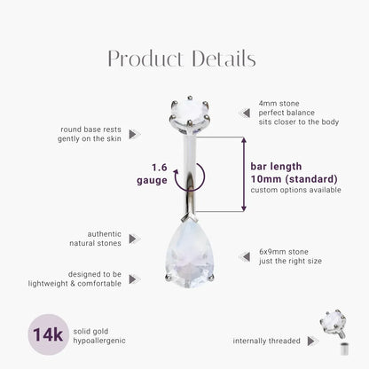 Teardrop 9mm Moonstone Belly Ring White Gold