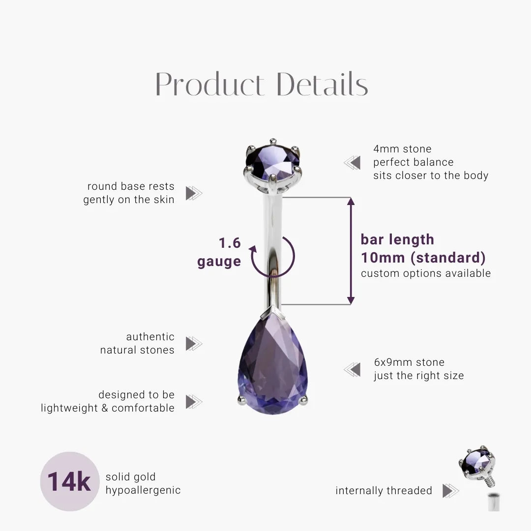 Teardrop 9mm Tanzanite Belly Ring White Gold