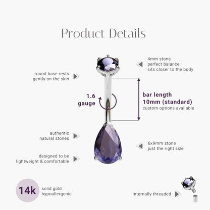 Teardrop 9mm Tanzanite Belly Ring White Gold