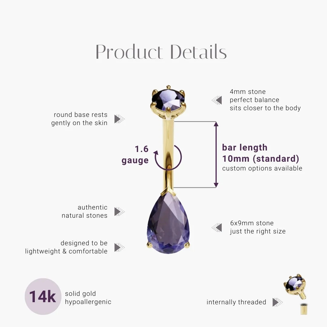 Teardrop 9mm Tanzanite Belly Ring