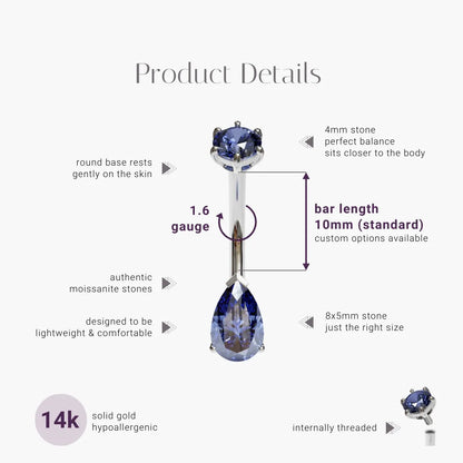 Sapphire Martini 1.0 ct. Tear Moissanite Belly Ring White Gold