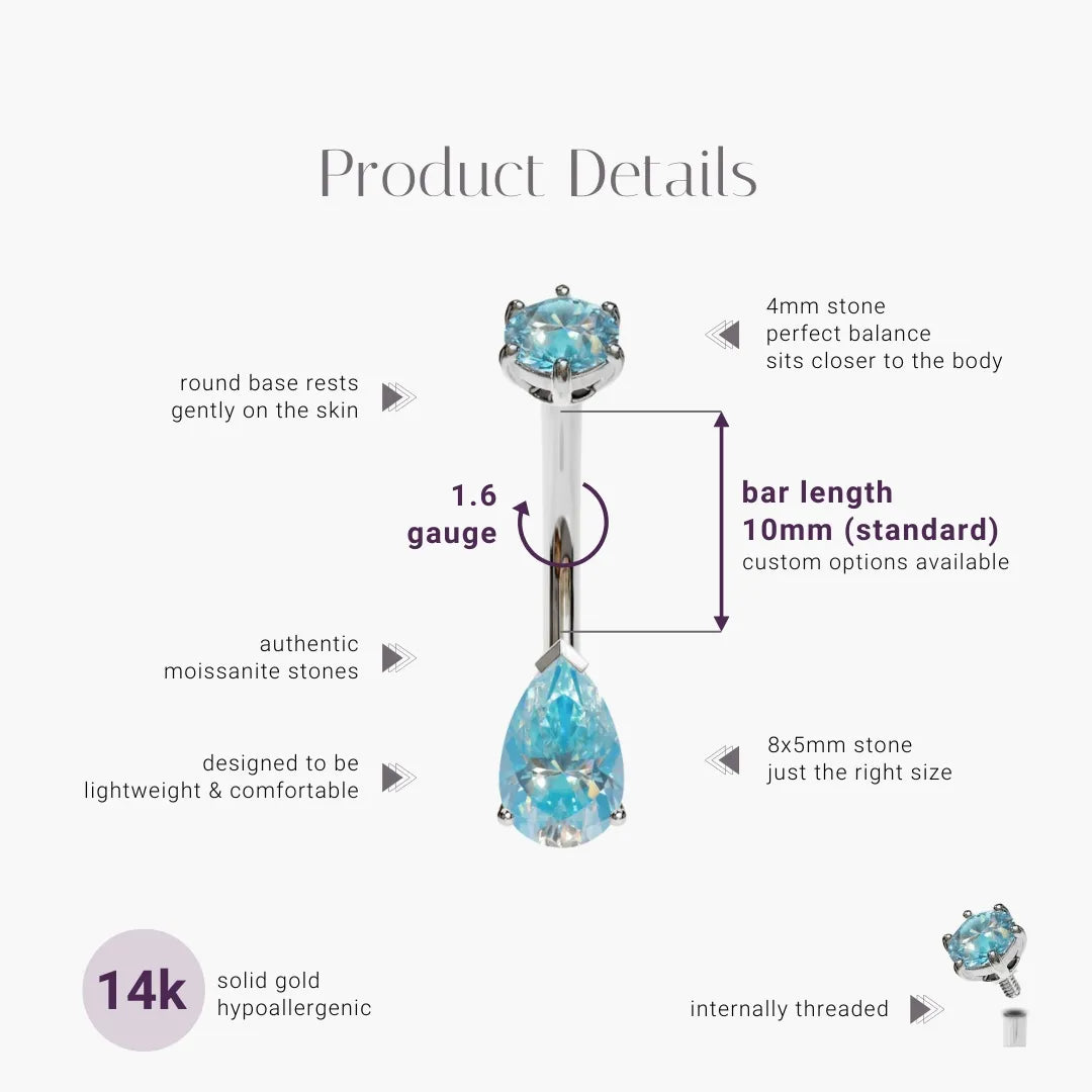 Hypnotic Blue 1.0 ct. Tear Moissanite Belly Ring White Gold